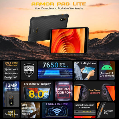 [HK Warehouse] Ulefone Armor Pad Lite Rugged Tablet PC, 3GB+32GB, 8.0 inch Android 13 MediaTek MT8766 Quad Core(Black)