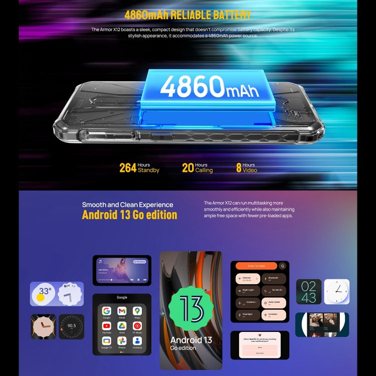 [HK Warehouse] Ulefone Armor X12, 3 Go+32 Go, Téléphone Robuste, Déverrouillage Facial, 5.45 pouces Android 13 Go MediaTek Helio A22 Quad Core, Réseau : 4G, NFC (Tout Noir)