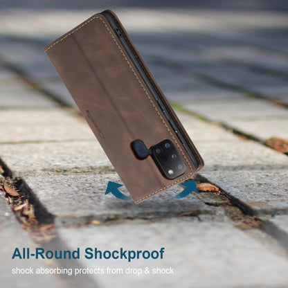 Pour Samsung Galaxy A21S Étui en cuir givré rétro multifonctionnel CaseMe-013 à rabat horizontal avec fentes pour cartes et support et portefeuille (Café)