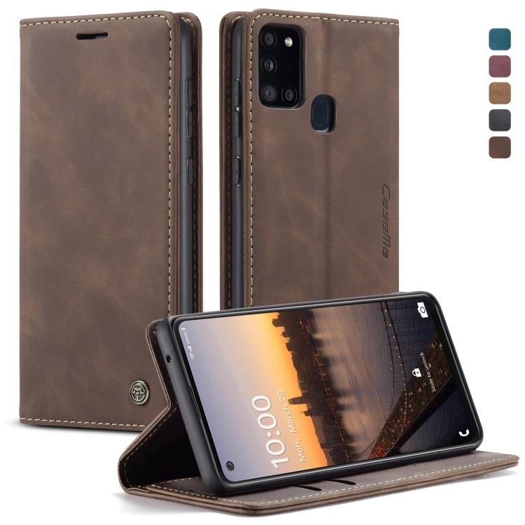 Pour Samsung Galaxy A21S Étui en cuir givré rétro multifonctionnel CaseMe-013 à rabat horizontal avec fentes pour cartes et support et portefeuille (Café)