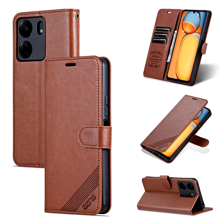 For Xiaomi Poco C65/Redmi 13C AZNS Sheepskin Texture Flip Leather Phone Case(Brown)