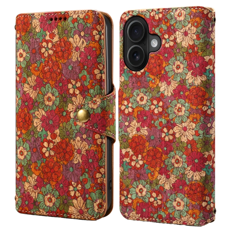 Pour iPhone 16 Denior Flower Language Series Étui de téléphone en cuir avec bord huilé en liège (Été)