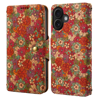Pour iPhone 16 Denior Flower Language Series Étui de téléphone en cuir avec bord huilé en liège (Été)
