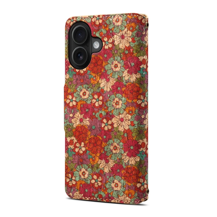 Pour iPhone 16 Denior Flower Language Series Étui de téléphone en cuir avec bord huilé en liège (Été)