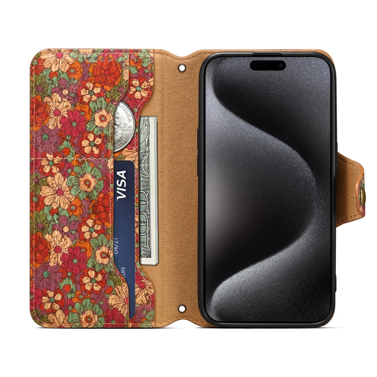 Pour iPhone 16 Denior Flower Language Series Étui de téléphone en cuir avec bord huilé en liège (Été)