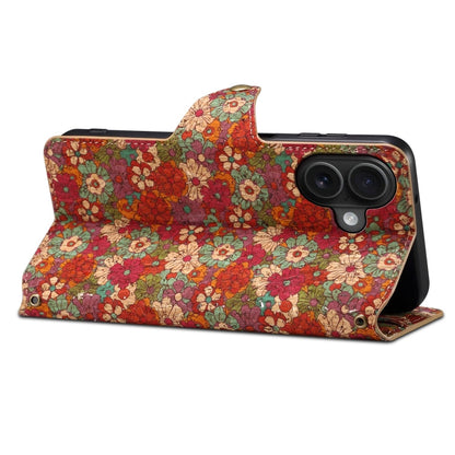Pour iPhone 16 Denior Flower Language Series Étui de téléphone en cuir avec bord huilé en liège (Été)