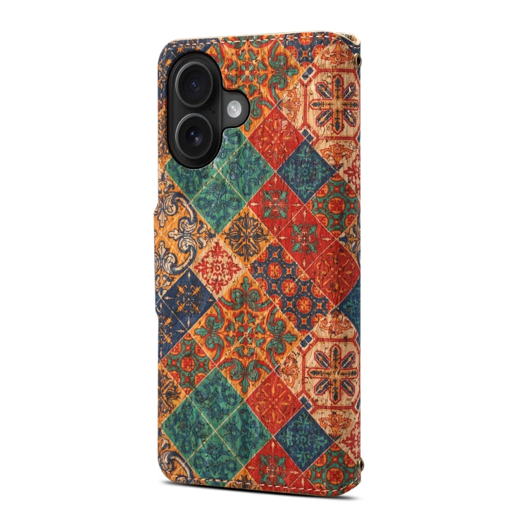 For iPhone 16 Plus Denior Flower Language Series Cork Fabric Oil Edge Leather Phone Case(Winter)