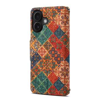 For iPhone 16 Plus Denior Flower Language Series Cork Fabric Oil Edge Leather Phone Case(Winter)
