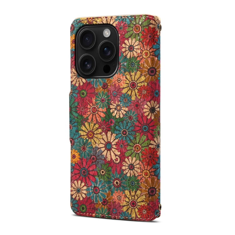 Pour iPhone 16 Pro Max - Coque en cuir liège de la série Denior Flower Language avec bords huilés (Printemps)