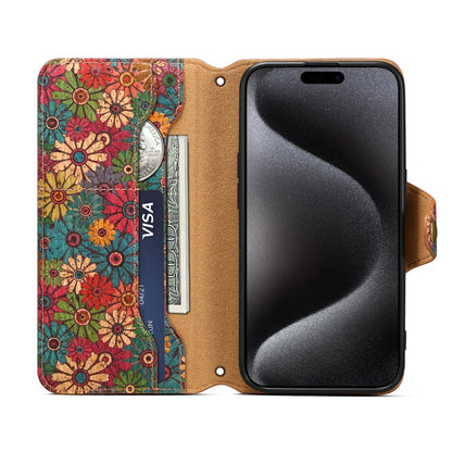 Pour iPhone 16 Pro Max - Coque en cuir liège de la série Denior Flower Language avec bords huilés (Printemps)