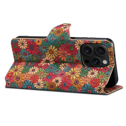 Pour iPhone 16 Pro Max - Coque en cuir liège de la série Denior Flower Language avec bords huilés (Printemps)