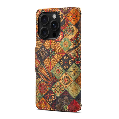 Pour iPhone 16 Pro Max Série Language des Fleurs Denior Étui de Téléphone en Cuir à Bord Huilé en Tissu de Liège (Automne)