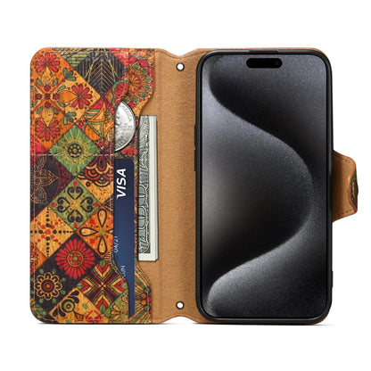 Pour iPhone 16 Pro Max Série Language des Fleurs Denior Étui de Téléphone en Cuir à Bord Huilé en Tissu de Liège (Automne)