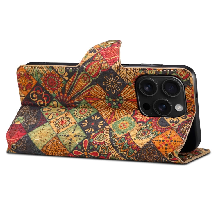 Pour iPhone 16 Pro Max Série Language des Fleurs Denior Étui de Téléphone en Cuir à Bord Huilé en Tissu de Liège (Automne)