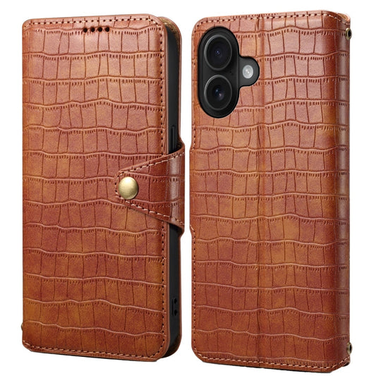 Pour iPhone 16 Étui de téléphone en cuir avec texture crocodile et bord huilé Denior (Marron)