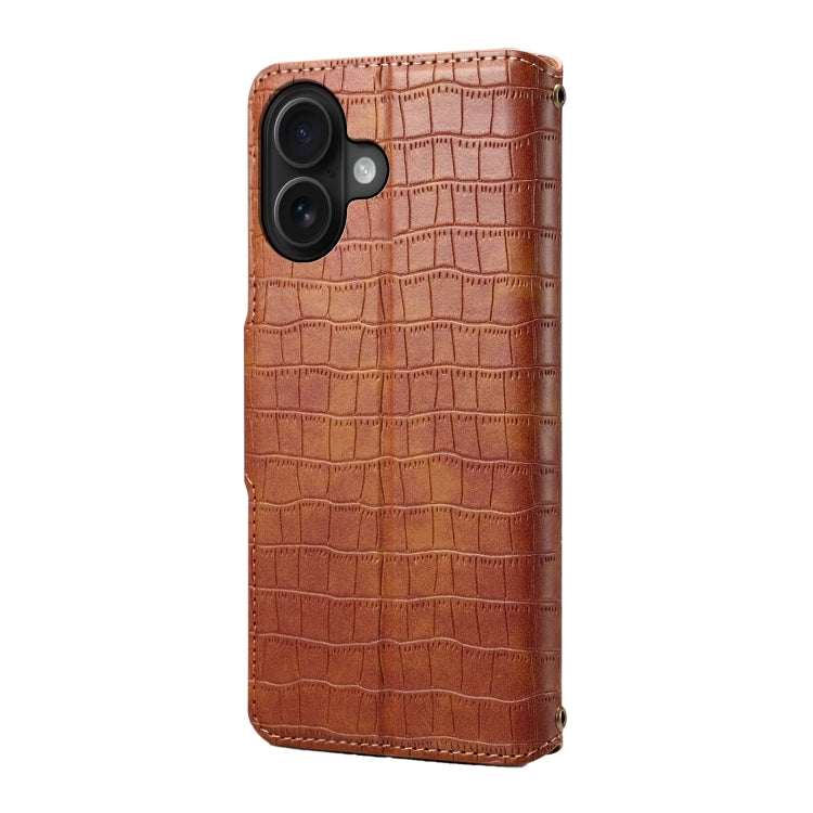 For iPhone 16 Denior Crocodile Texture Oil Edge Leather Phone Case(Brown)