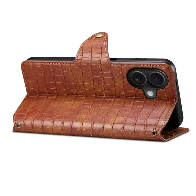For iPhone 16 Denior Crocodile Texture Oil Edge Leather Phone Case(Brown)