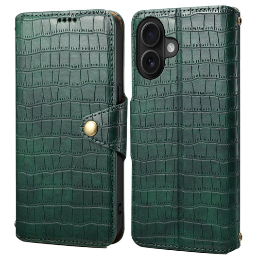 Pour iPhone 16 Denior Coque de téléphone en cuir à bord huilé texturé crocodile (vert)