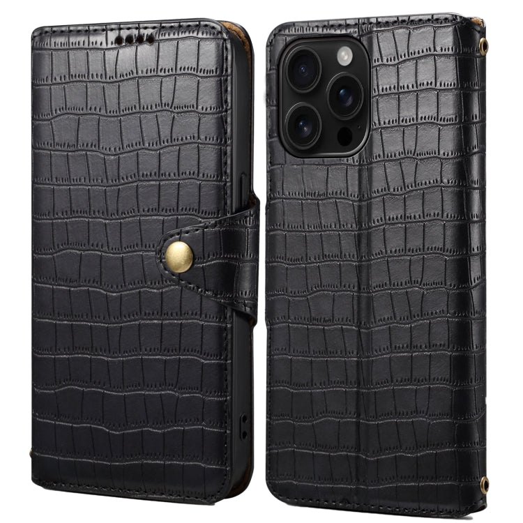 Pour iPhone 16 Pro Max Denior Crocodile Texture Huile Bord Étui de Téléphone en Cuir (Noir)