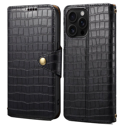 Pour iPhone 16 Pro Max Denior Crocodile Texture Huile Bord Étui de Téléphone en Cuir (Noir)