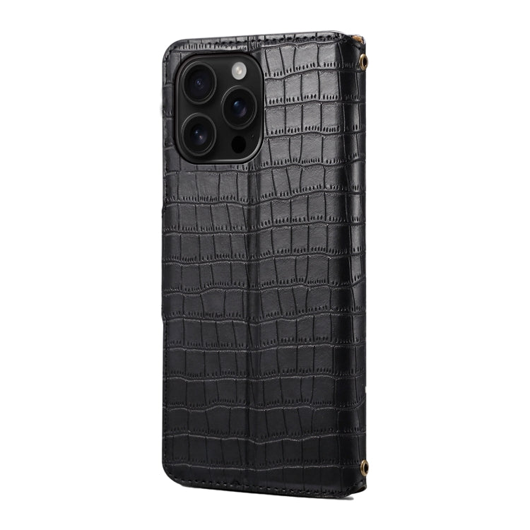 Pour iPhone 16 Pro Max Denior Crocodile Texture Huile Bord Étui de Téléphone en Cuir (Noir)