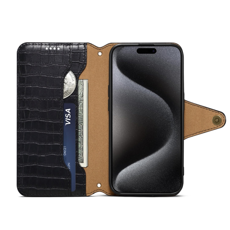 Pour iPhone 16 Pro Max Denior Crocodile Texture Huile Bord Étui de Téléphone en Cuir (Noir)