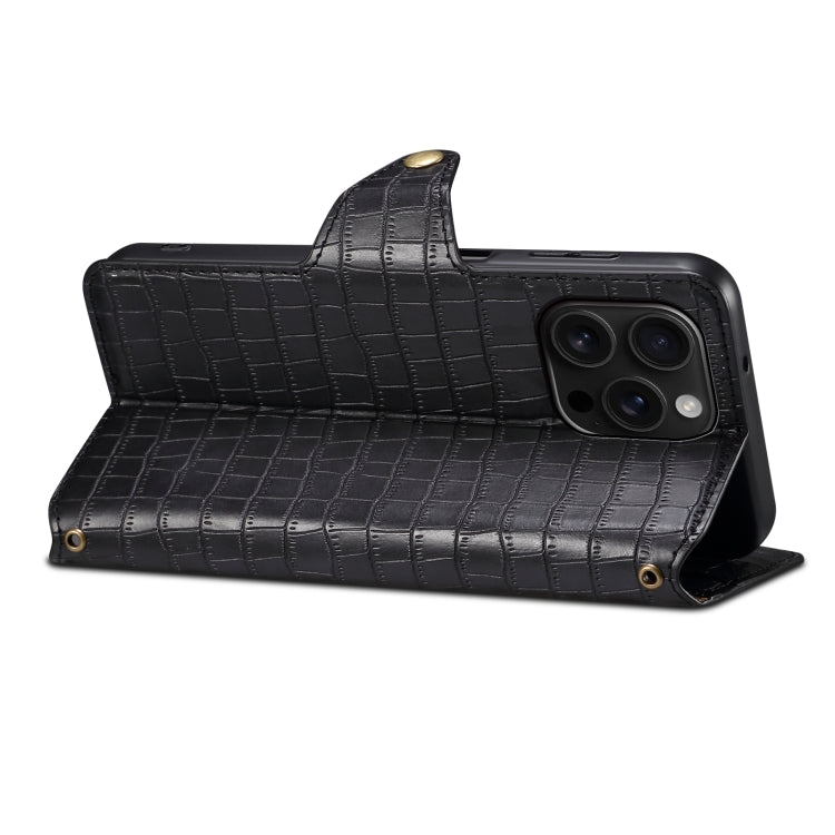 Pour iPhone 16 Pro Max Denior Crocodile Texture Huile Bord Étui de Téléphone en Cuir (Noir)