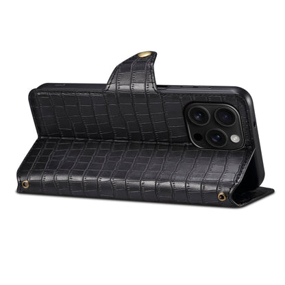 Pour iPhone 16 Pro Max Denior Crocodile Texture Huile Bord Étui de Téléphone en Cuir (Noir)