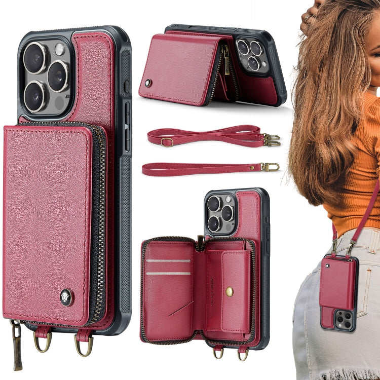 Pour iPhone 16 Pro Max JEEHOOD C22 Series Étui portefeuille en cuir avec fermeture éclair et double lanière (rouge)