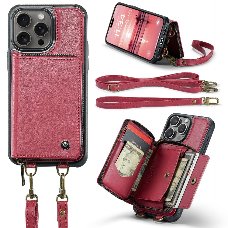 Pour iPhone 16 Pro Max JEEHOOD C22 Series Étui portefeuille en cuir avec fermeture éclair et double lanière (rouge)
