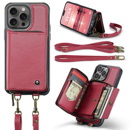 Pour iPhone 16 Pro Max JEEHOOD C22 Series Étui portefeuille en cuir avec fermeture éclair et double lanière (rouge)