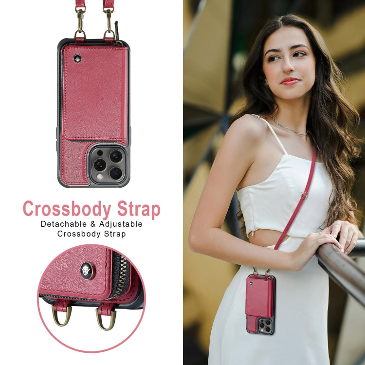 Pour iPhone 16 Pro Max JEEHOOD C22 Series Étui portefeuille en cuir avec fermeture éclair et double lanière (rouge)