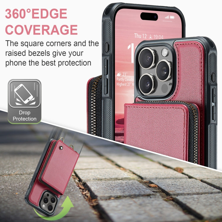 Pour iPhone 16 Pro Max JEEHOOD C22 Series Étui portefeuille en cuir avec fermeture éclair et double lanière (rouge)