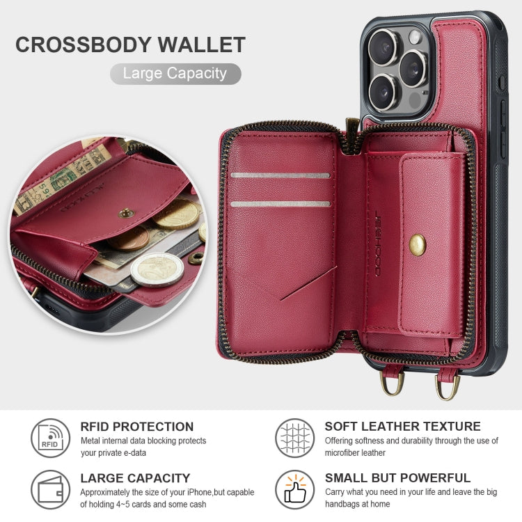 Pour iPhone 16 Pro Max JEEHOOD C22 Series Étui portefeuille en cuir avec fermeture éclair et double lanière (rouge)