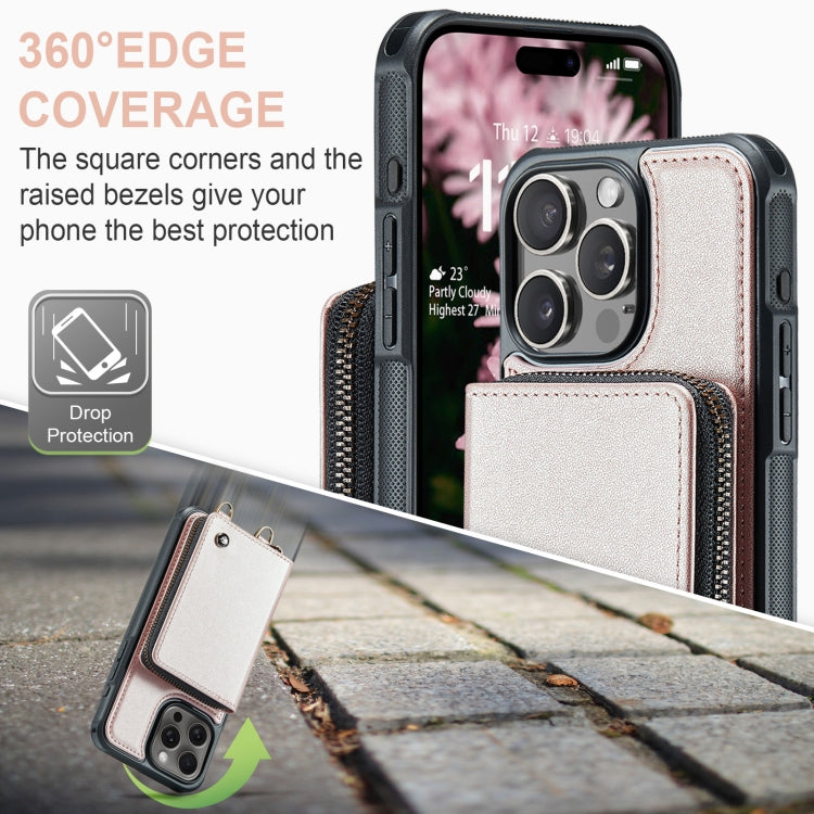 For iPhone 16 Pro Max JEEHOOD C22 Series Zipper Wallet Leather Phone Case with Dual Lanyard(Rose Gold)