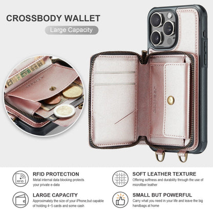 For iPhone 16 Pro Max JEEHOOD C22 Series Zipper Wallet Leather Phone Case with Dual Lanyard(Rose Gold)