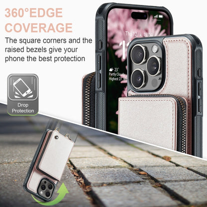 For iPhone 16 Pro JEEHOOD C22 Series Zipper Wallet Leather Phone Case with Dual Lanyard(Rose Gold)