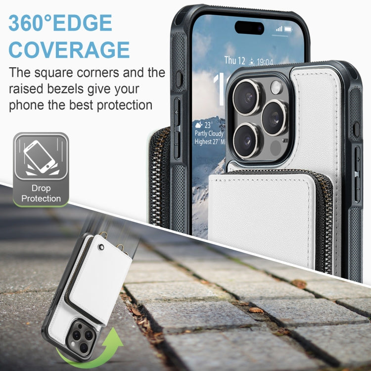 For iPhone 16 Pro JEEHOOD C22 Series Zipper Wallet Leather Phone Case with Dual Lanyard(White)