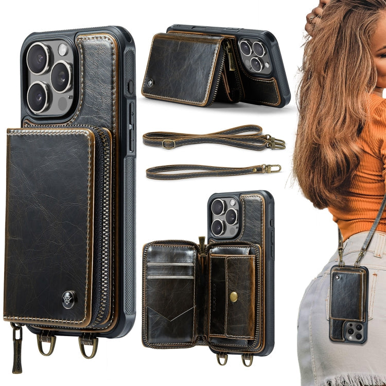 Pour iPhone 16 Pro Étui portefeuille en cuir JEEHOOD C22 Series avec fermeture éclair et double lanière (Café)