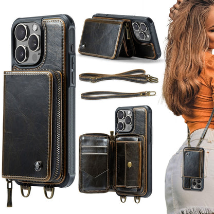 Pour iPhone 16 Pro Étui portefeuille en cuir JEEHOOD C22 Series avec fermeture éclair et double lanière (Café)