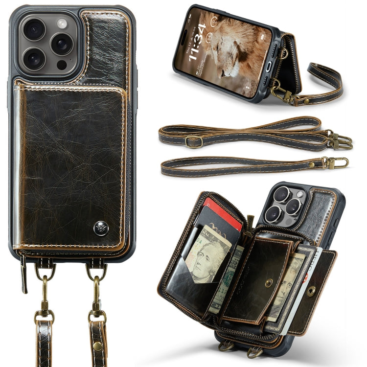 Pour iPhone 16 Pro Étui portefeuille en cuir JEEHOOD C22 Series avec fermeture éclair et double lanière (Café)