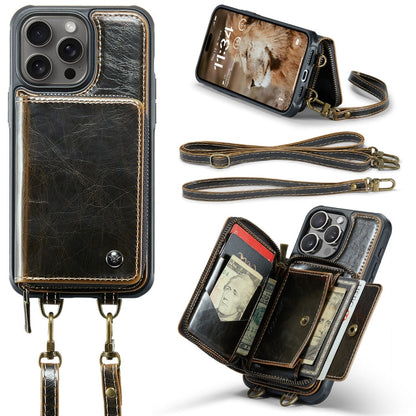 Pour iPhone 16 Pro Étui portefeuille en cuir JEEHOOD C22 Series avec fermeture éclair et double lanière (Café)