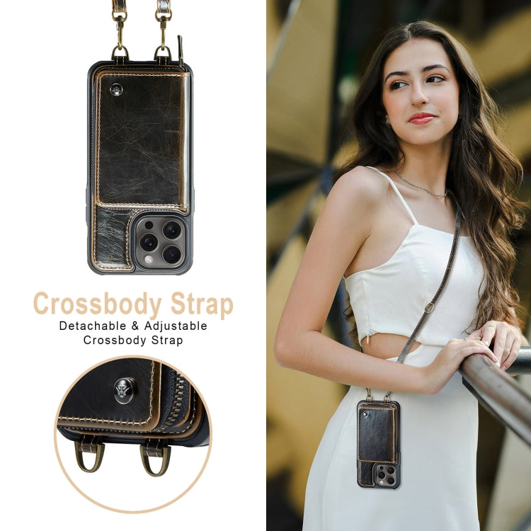 Pour iPhone 16 Pro Étui portefeuille en cuir JEEHOOD C22 Series avec fermeture éclair et double lanière (Café)