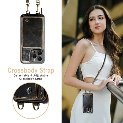 Pour iPhone 16 Pro Étui portefeuille en cuir JEEHOOD C22 Series avec fermeture éclair et double lanière (Café)