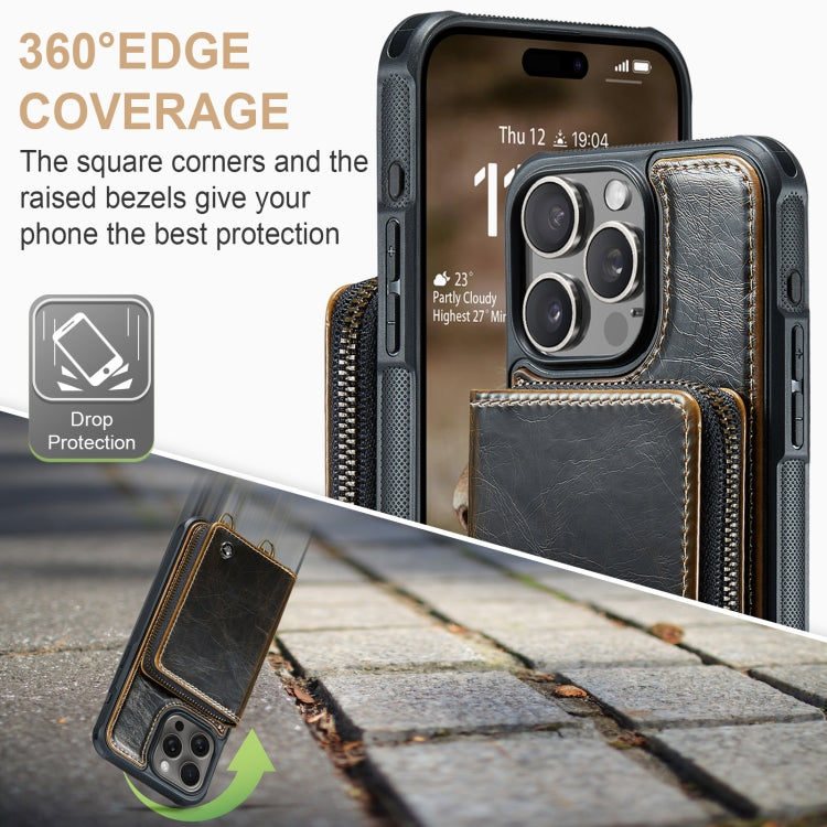 Pour iPhone 16 Pro Étui portefeuille en cuir JEEHOOD C22 Series avec fermeture éclair et double lanière (Café)
