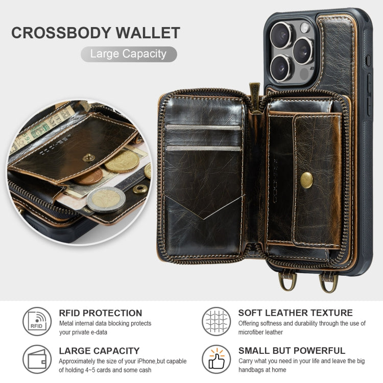 Pour iPhone 16 Pro Étui portefeuille en cuir JEEHOOD C22 Series avec fermeture éclair et double lanière (Café)