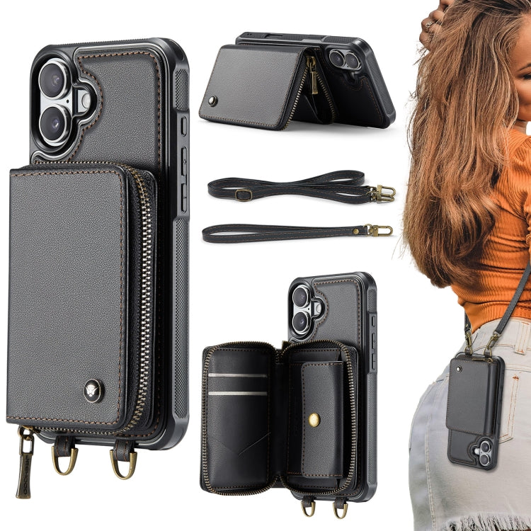 Pour iPhone 16 Plus Étui de téléphone en cuir avec portefeuille à fermeture éclair série JEEHOOD C22 avec double cordon (noir)