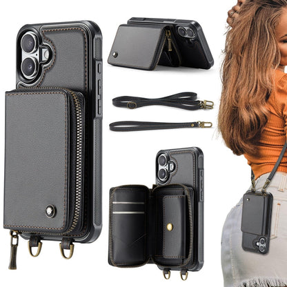 Pour iPhone 16 Plus Étui de téléphone en cuir avec portefeuille à fermeture éclair série JEEHOOD C22 avec double cordon (noir)