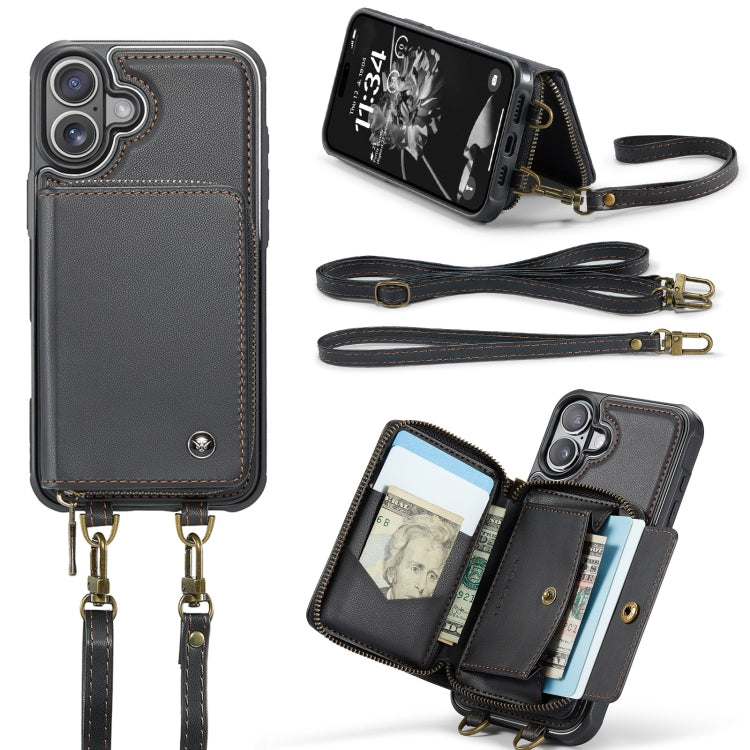 Pour iPhone 16 Plus Étui de téléphone en cuir avec portefeuille à fermeture éclair série JEEHOOD C22 avec double cordon (noir)