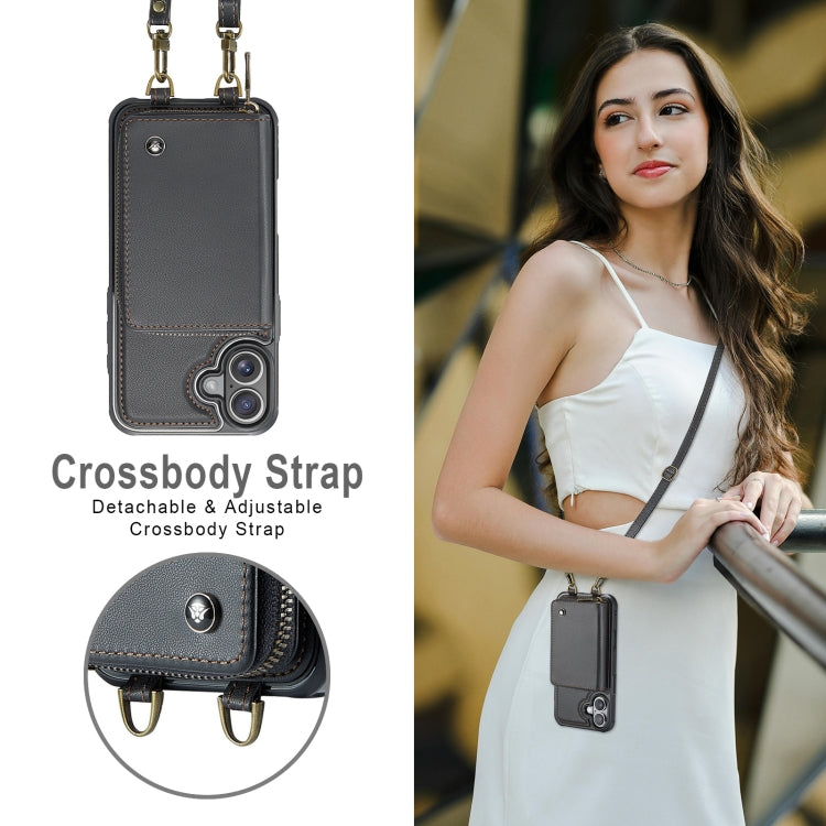 Pour iPhone 16 Plus Étui de téléphone en cuir avec portefeuille à fermeture éclair série JEEHOOD C22 avec double cordon (noir)